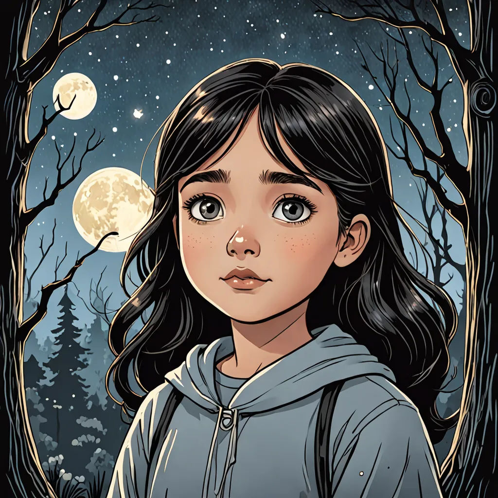 a girl with a backpack looking at the moon in the sky with trees and a full moon in the background, fantasy art, a character portrait, Audrey Kawasaki, comic cover art