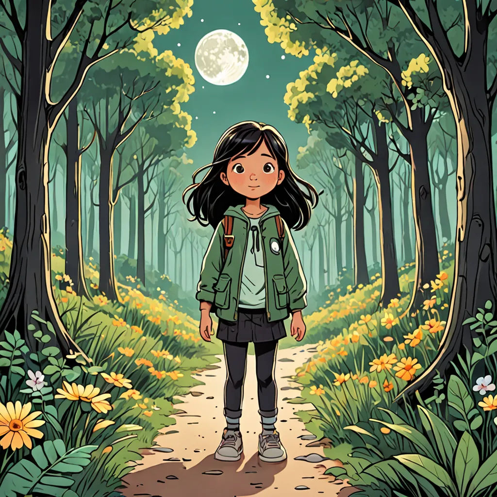 a girl standing in a forest with a full moon in the background and flowers around her, with a path leading to the woods, private press, a character portrait, Cliff Childs, comic cover art
