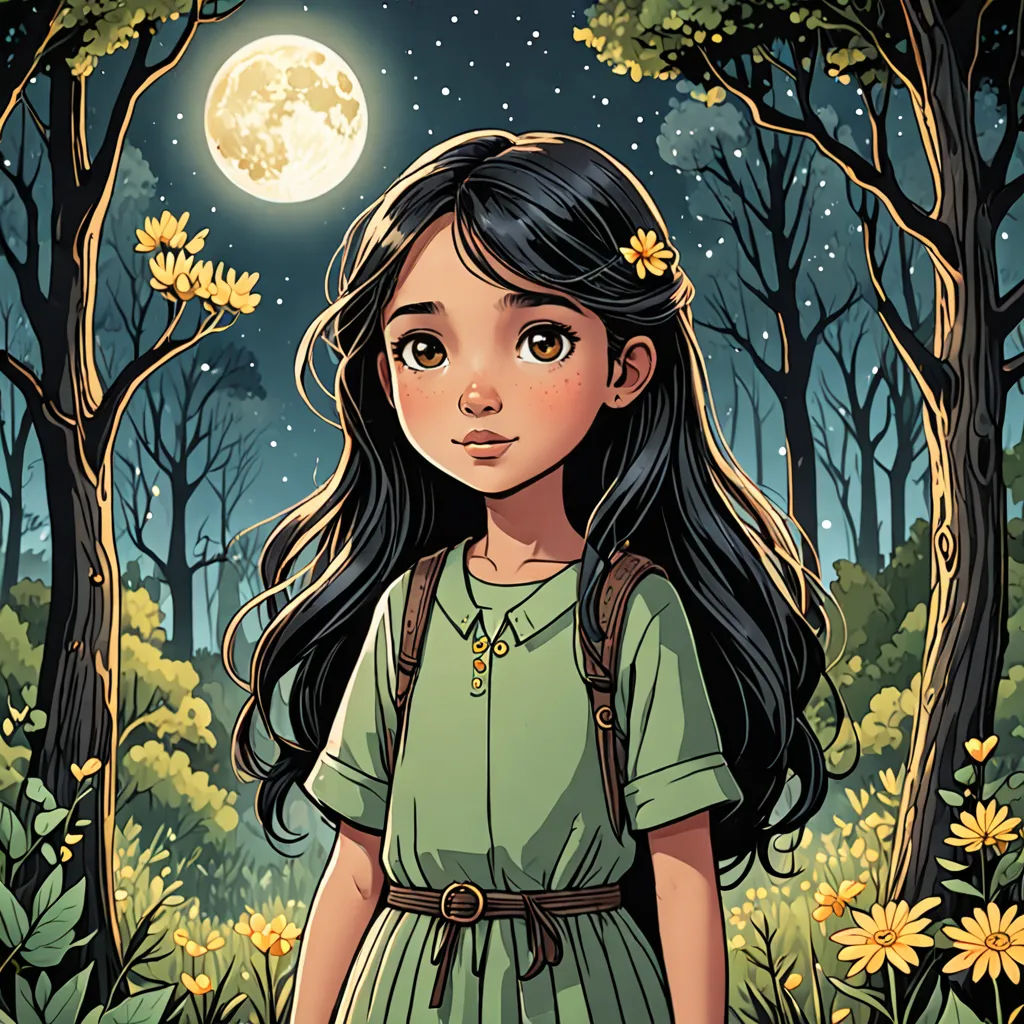 a girl in a green dress standing in a forest with a full moon in the background and flowers in the foreground, fantasy art, a storybook illustration, Cliff Childs, comic cover art