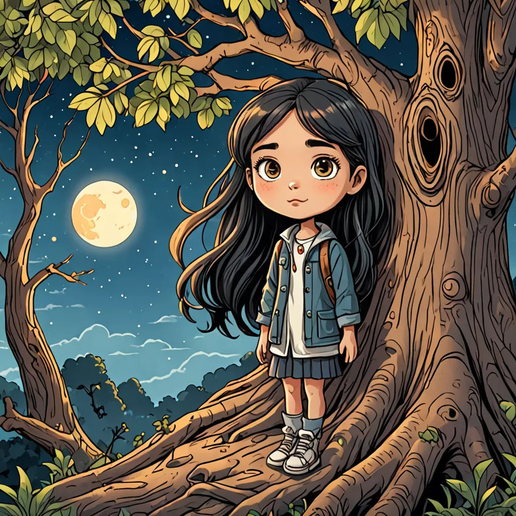 a girl standing in a tree with a full moon in the background and a bird in the sky above, fantasy art, a storybook illustration, Cliff Childs, storybook illustration