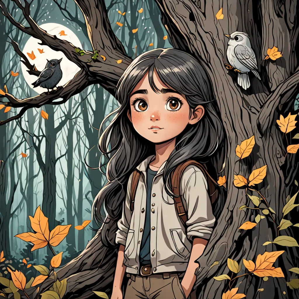 a girl standing in front of a tree with leaves on it and a bird perched on the tree branch, fantasy art, a character portrait, Cliff Childs, comic cover art