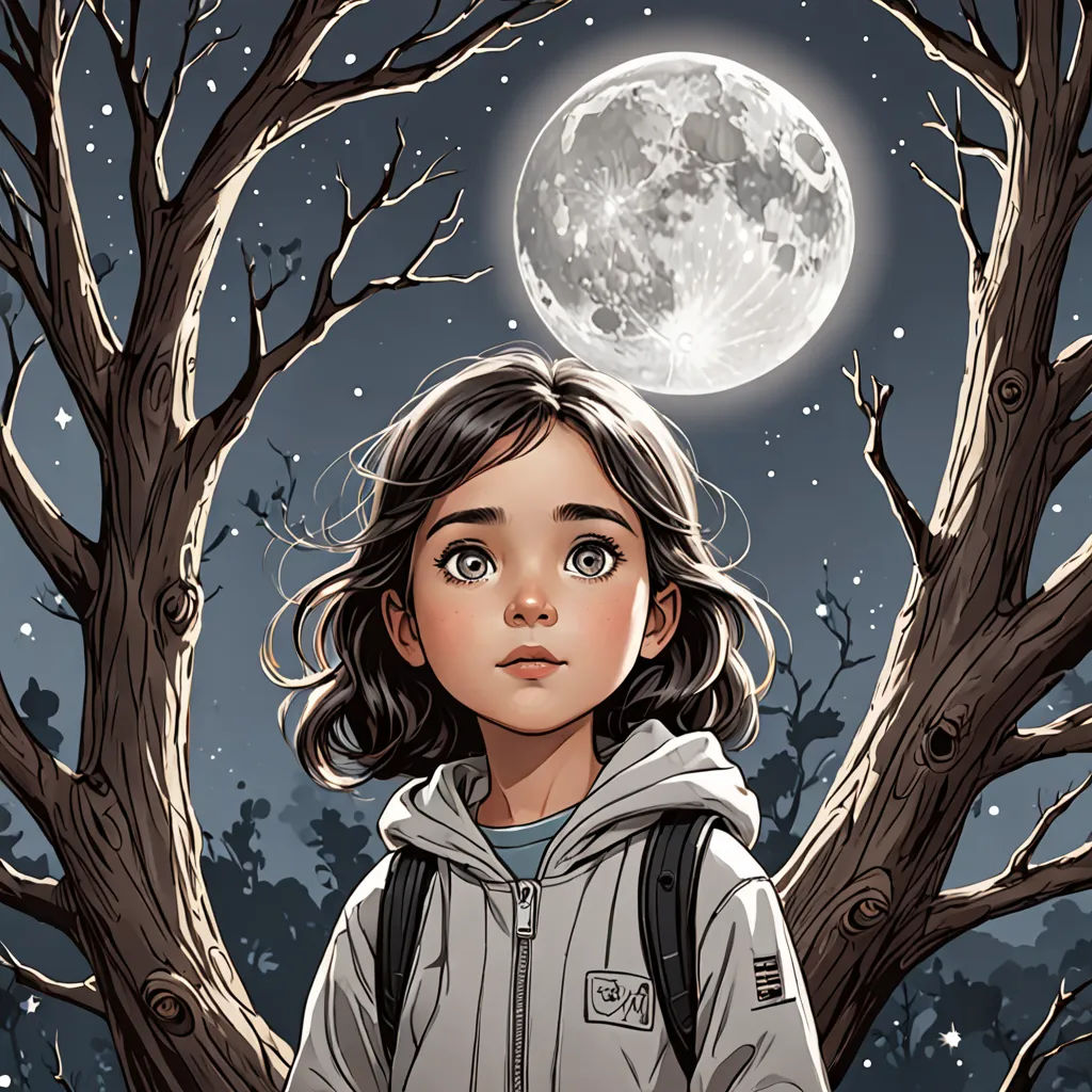 a girl standing in front of a tree with a full moon in the background and a tree with no leaves, space art, a comic book panel, Diego Gisbert Llorens, comic cover art
