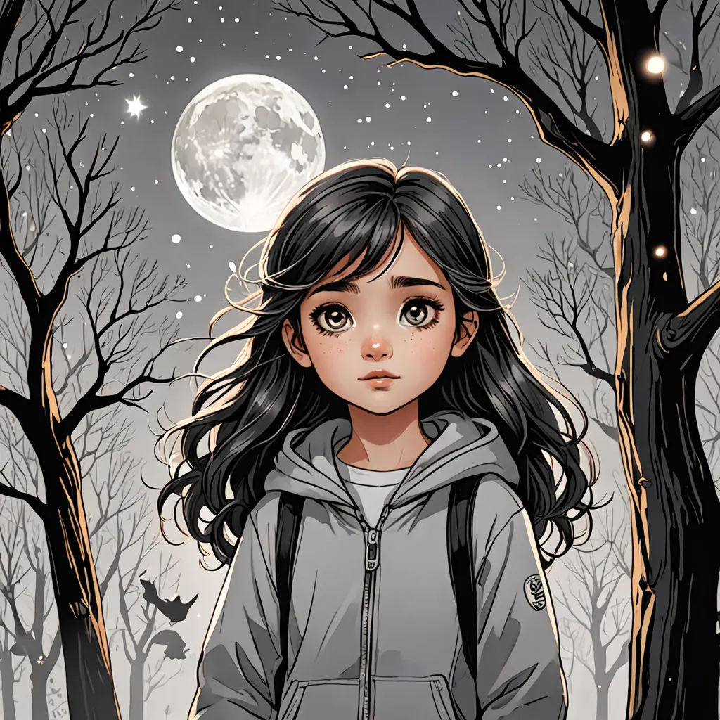 a girl in a hooded jacket standing in front of a tree with a full moon in the background and a full moon in the sky, gothic art, a storybook illustration, Cliff Childs, comic cover art
