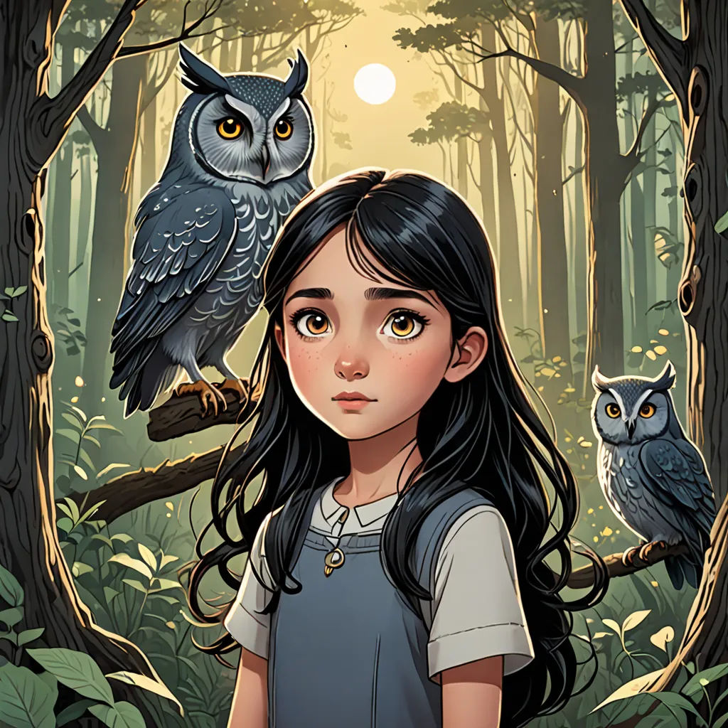 a girl with long hair and an owl on her shoulder stands in a forest with trees and leaves, looking at the camera, fantasy art, a storybook illustration, Cliff Childs, rossdraws global illumination