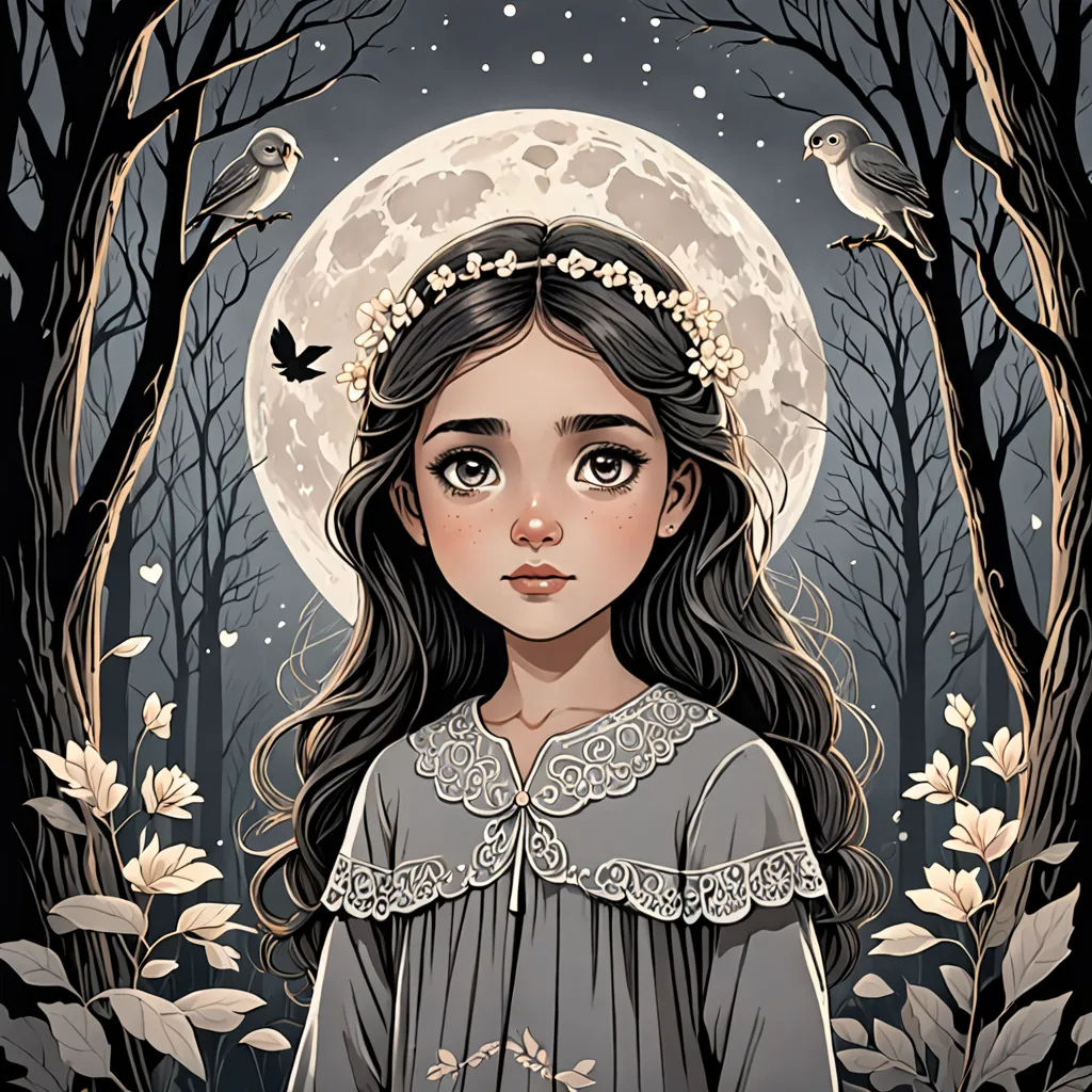 a girl with a crown of flowers in front of a full moon and trees with birds on it, in a forest, gothic art, a storybook illustration, Anna Dittmann, trending on art station