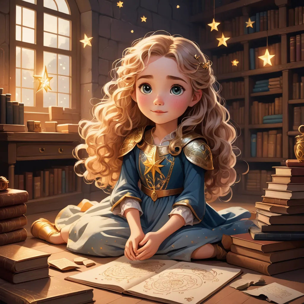 a little girl sitting on a table with books and a bookcase in the background and a window with stars, fantasy art, a storybook illustration, Charlie Bowater, storybook illustration