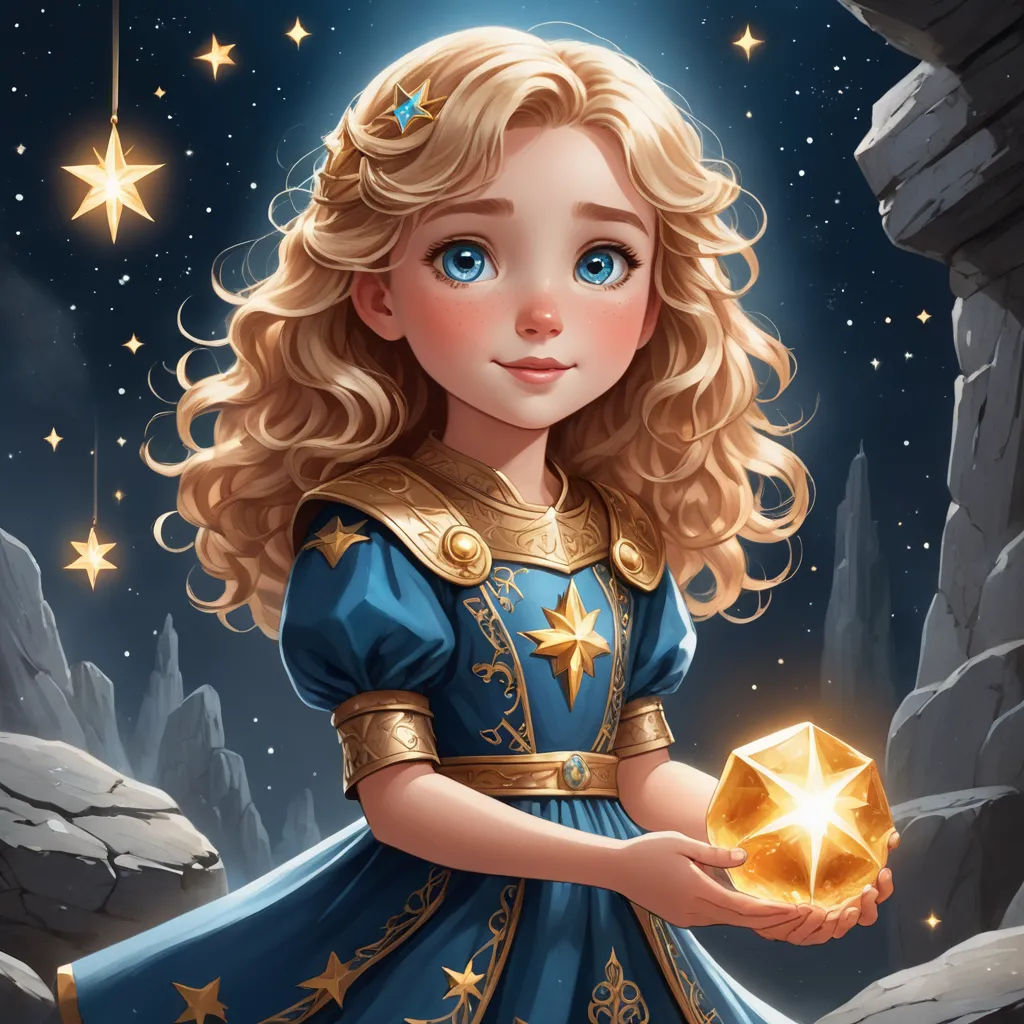 a little girl dressed in a blue dress holding a golden item in her hand and a star in her hand, fantasy art, a storybook illustration, Chris Rallis, trending on art station