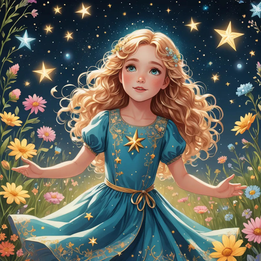 a painting of a little girl in a blue dress surrounded by flowers and stars in the sky with a starlight in her hand, fantasy art, a storybook illustration, Anna Dittmann, trending on art station
