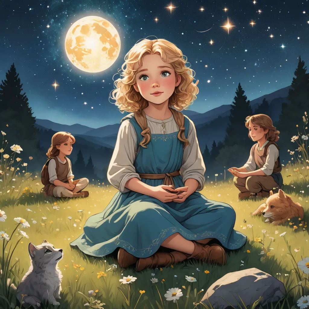 a painting of a girl sitting in a field with a wolf and two other children sitting on the grass, fantasy art, a storybook illustration, Aaron Jasinski, storybook illustration