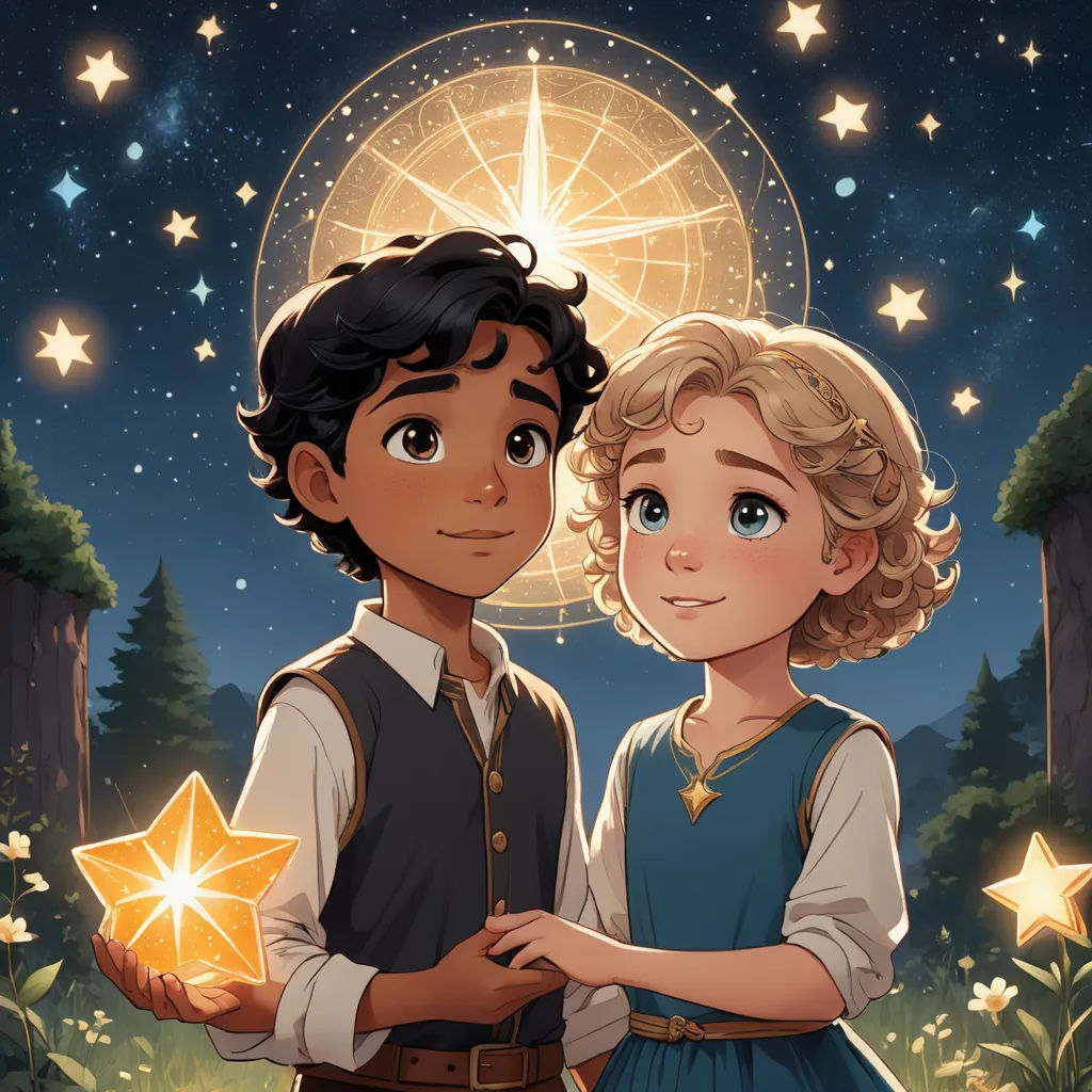 a boy and a girl are standing in front of a star filled sky with stars and a sun in the background, space art, a storybook illustration, Anne Said, official art
