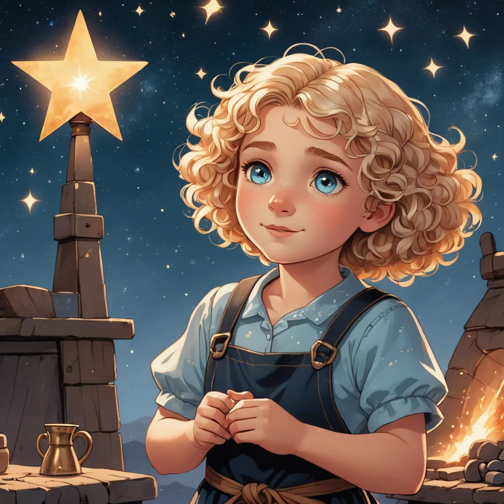 a little girl standing in front of a star in the sky with a coffee pot on her lap and a star above her, fantasy art, a storybook illustration, Cliff Childs, trending on art station