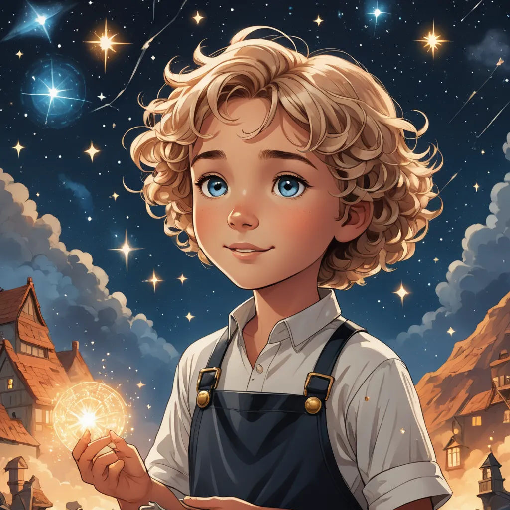 a boy with a blue eyes holding a glowing ball in his hand and a house in the background with stars, fantasy art, a storybook illustration, Aaron Jasinski, rossdraws global illumination