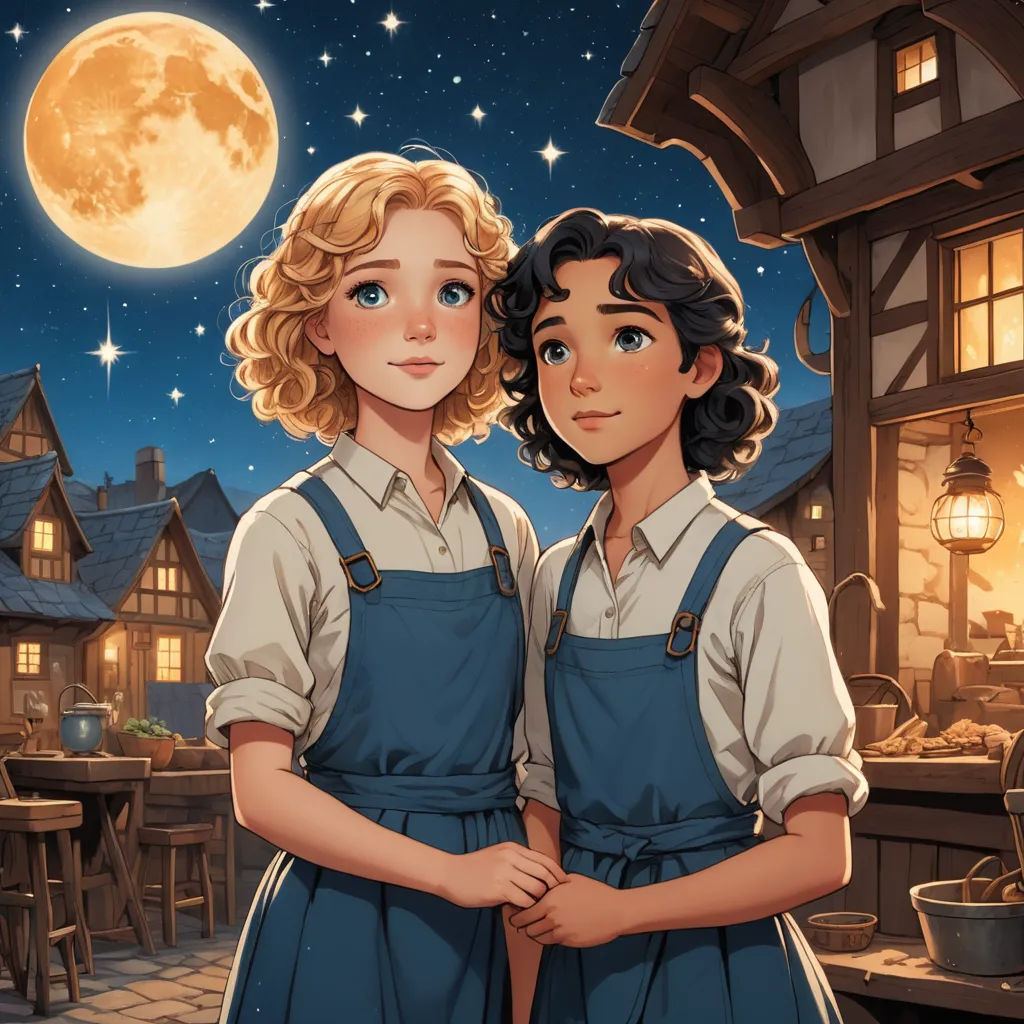 two women standing next to each other in front of a full moon and a building with a porch and a porch, magical realism, a storybook illustration, Anne Said, official art