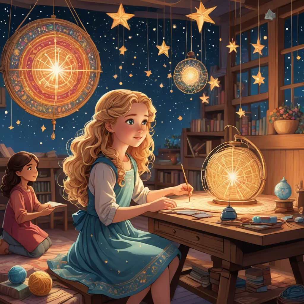 a girl sitting at a table with a globe and a lamp in front of her and a girl sitting at a table with a globe and a lamp in front of her, fantasy art, a storybook illustration, Elinor Proby Adams, storybook illustration