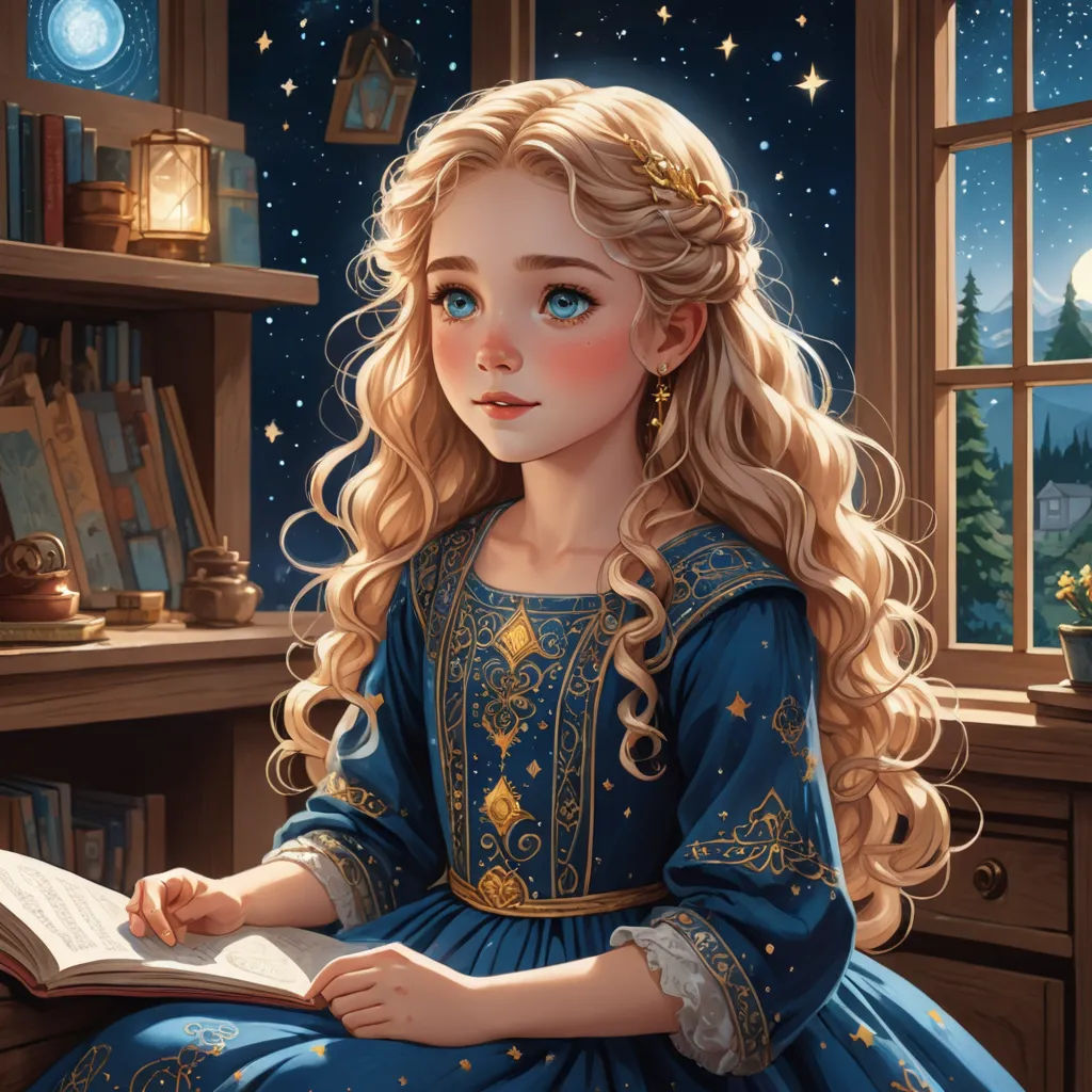 a painting of a girl in a blue dress reading a book in a room with a window and a night sky, fantasy art, a storybook illustration, Charlie Bowater, trending on art station
