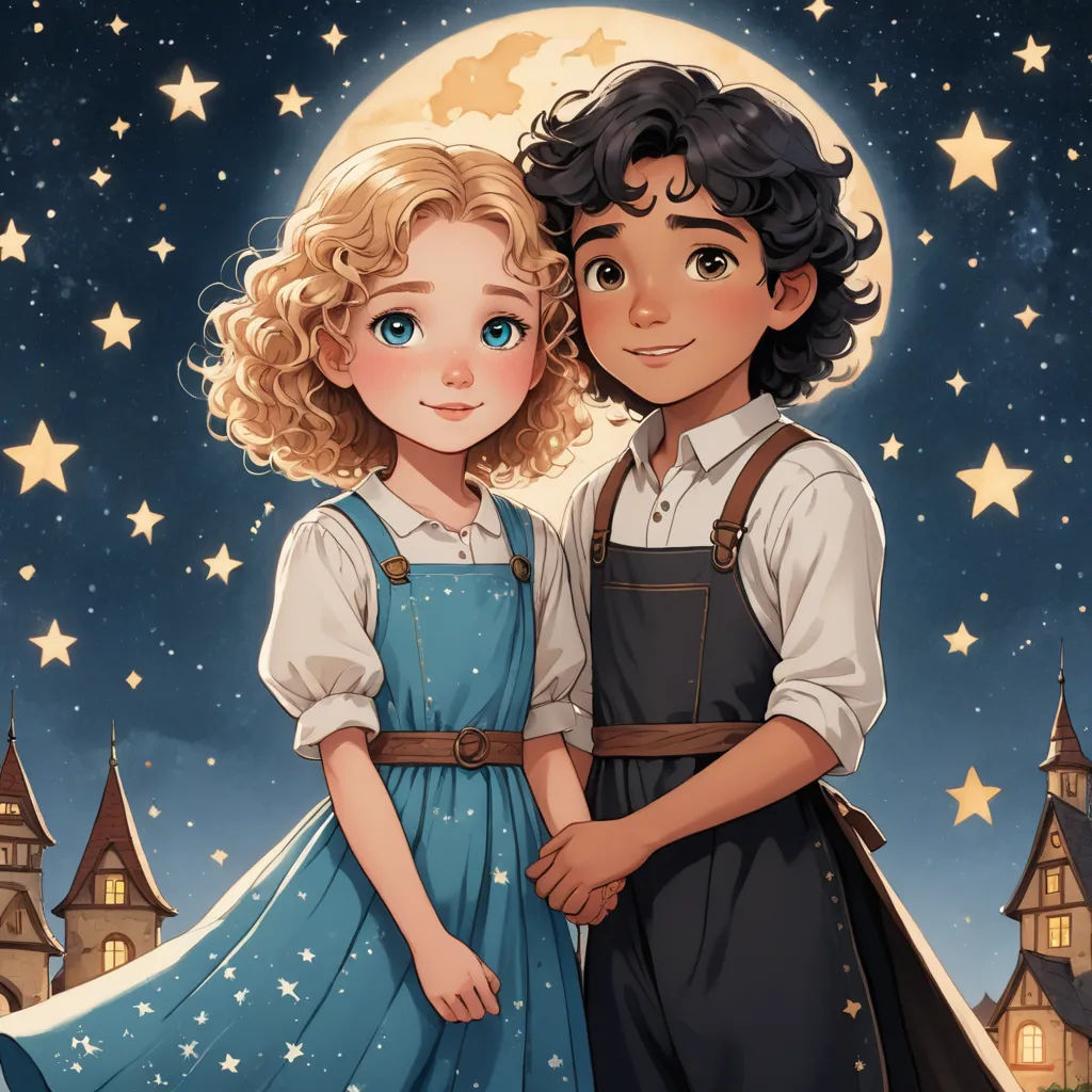 a boy and a girl standing in front of a full moon and stars background with a castle in the background, neo-romanticism, a storybook illustration, Anne Said, trending on art station