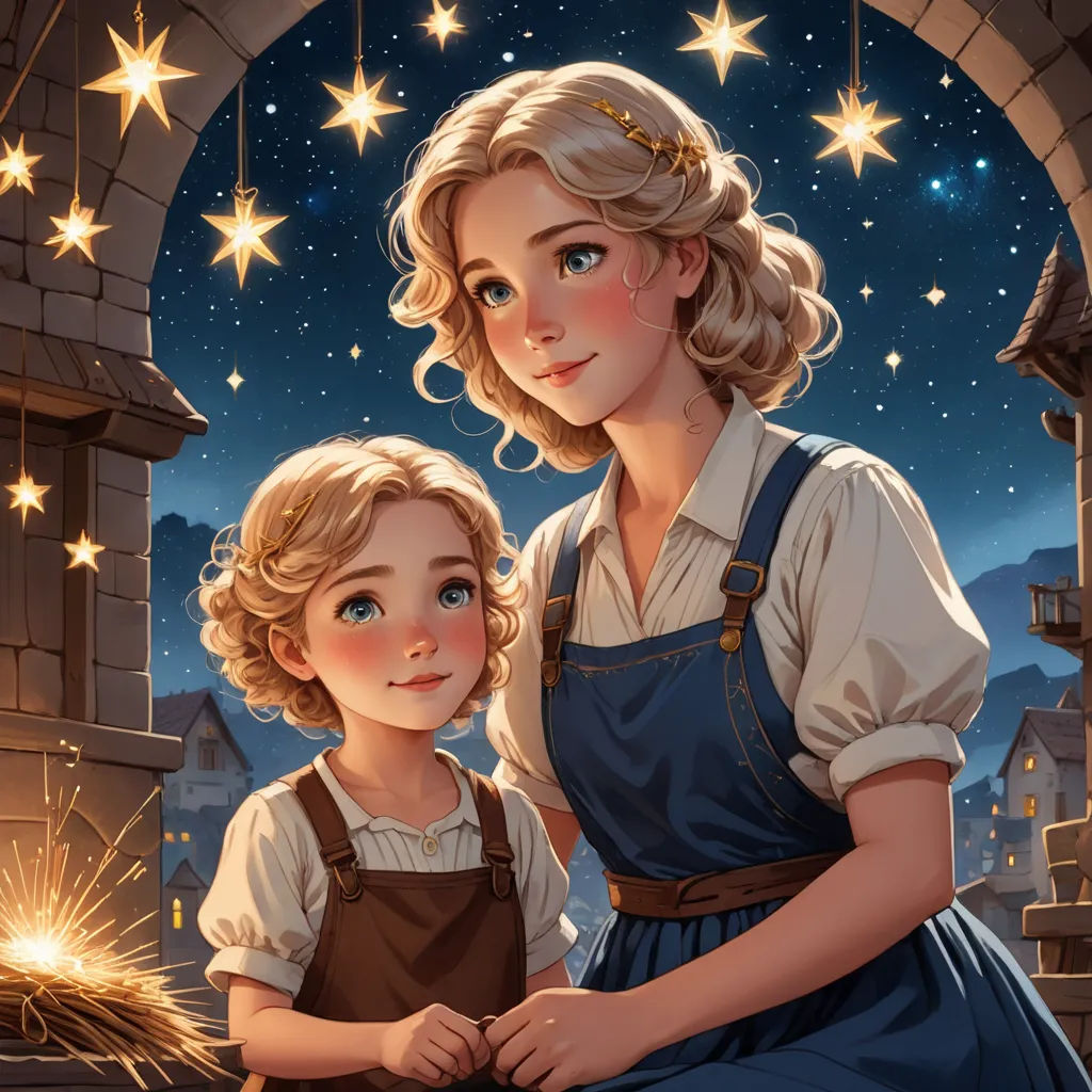 a painting of a mother and daughter in front of a window with stars in the sky above them and a castle, fantasy art, a storybook illustration, Anne Said, trending on art station