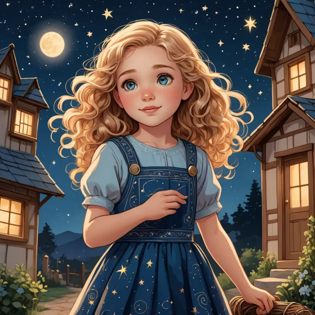 a little girl in a blue dress holding a basket of flowers in front of a house at night with the moon, fantasy art, a storybook illustration, Alice Prin, trending on art station