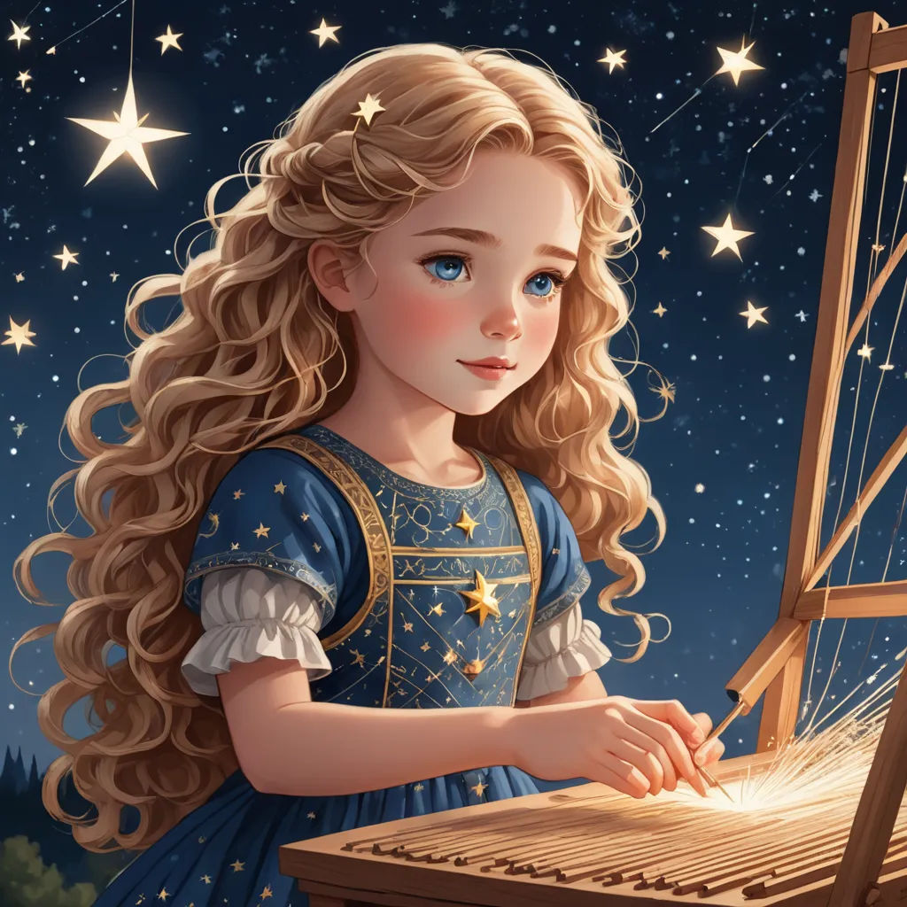 a painting of a little girl with long blonde hair and blue eyes working on a wooden weaving machine with stars in the background, fantasy art, a storybook illustration, artist, trending on art station