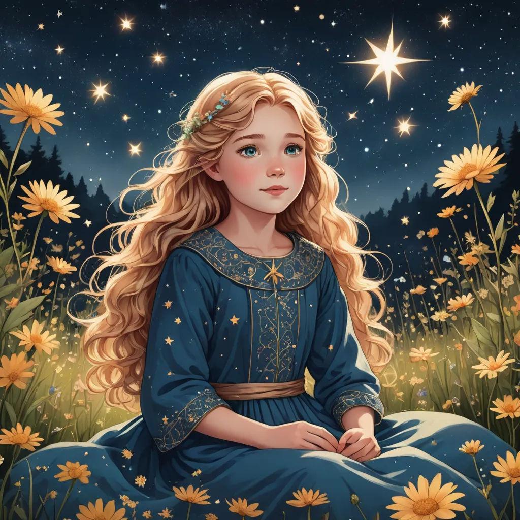 a painting of a girl sitting in a field of flowers with a star in the sky above her head, fantasy art, a storybook illustration, Anna Dittmann, trending on art station