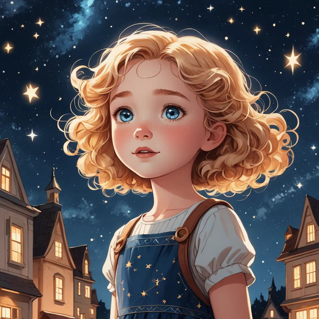 a little girl with blonde hair and blue eyes standing in front of a house at night with stars in the sky, space art, a storybook illustration, Cliff Childs, trending on art station
