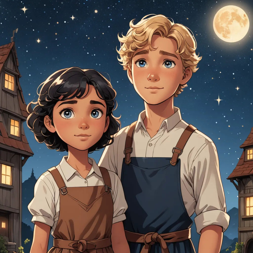 a boy and a girl standing in front of a house at night with the moon in the sky above them, fantasy art, a storybook illustration, Anne Said, official art