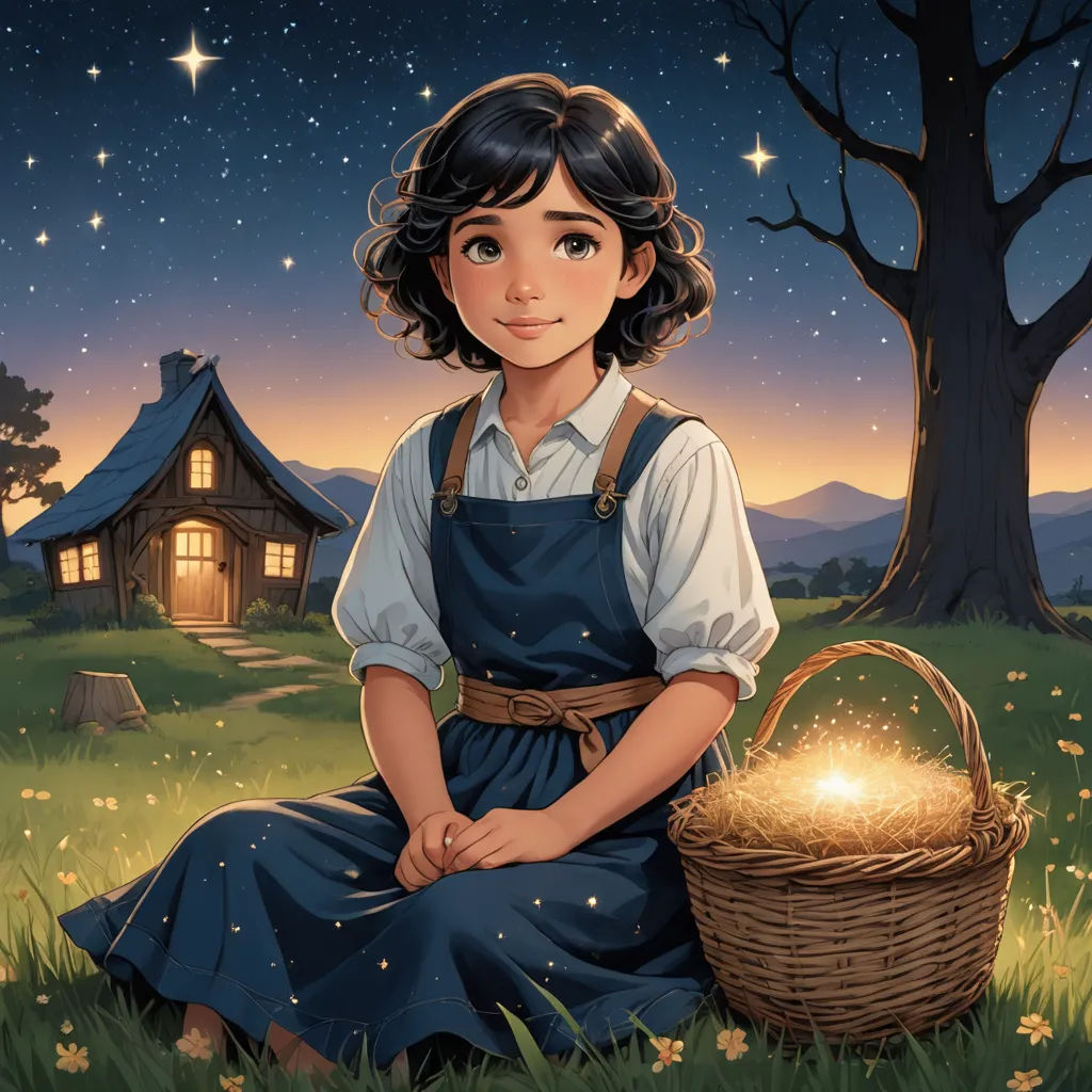 a painting of a girl sitting in a field with a basket of gold in front of a house at night, fantasy art, a storybook illustration, Cliff Childs, official art