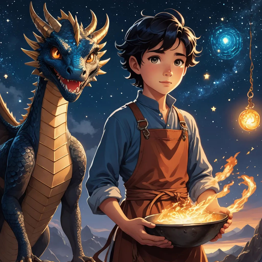a boy holding a bowl of fire next to a dragon on a mountain at night with stars in the sky, fantasy art, a storybook illustration, Cliff Childs, comic cover art