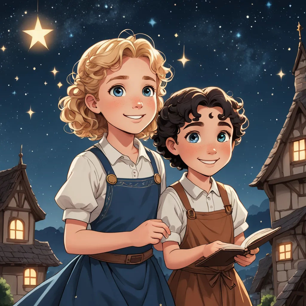 a boy and a girl standing in front of a house with a book in their hands and a star in the sky, space art, a storybook illustration, Anne Said, stars