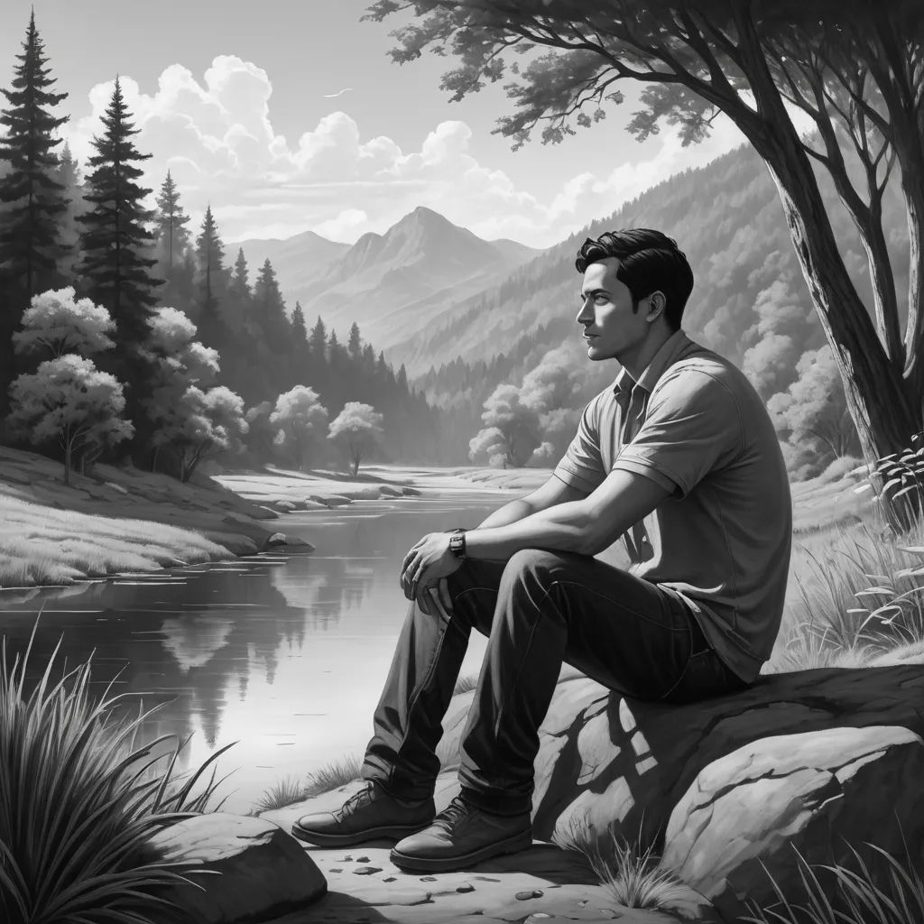 a man sitting on a rock next to a river and a forest with mountains in the background, in a black and white photo, figurative art, an ultrafine detailed painting, Cedric Seaut (Keos Masons), album cover