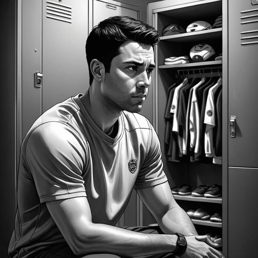 a man sitting in a locker with a baseball cap on his head and a baseball cap on his shoulder, realism, a digital painting, Bryan Organ, highly detailed digital painting