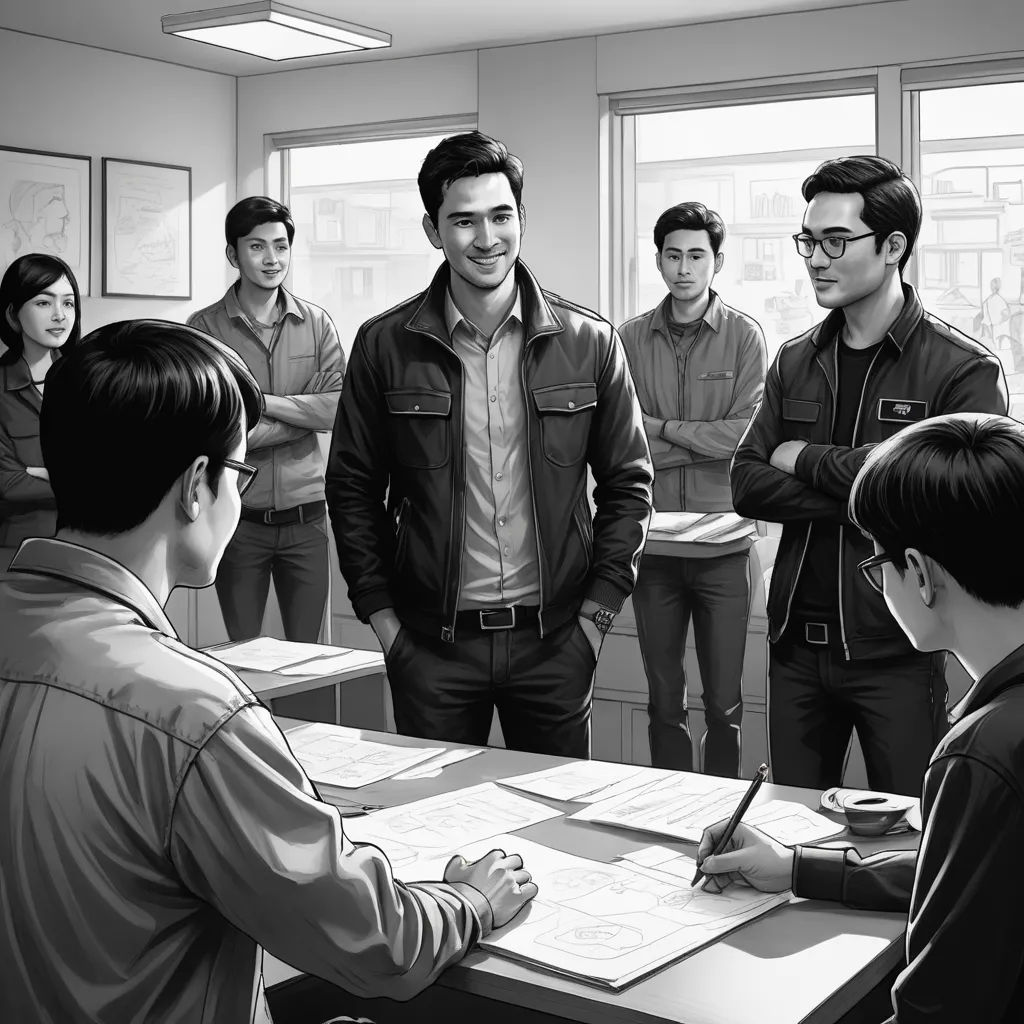 a group of people standing around a table in a room with a man writing on a piece of paper, serial art, a black and white photo, David Park, kim jung gi
