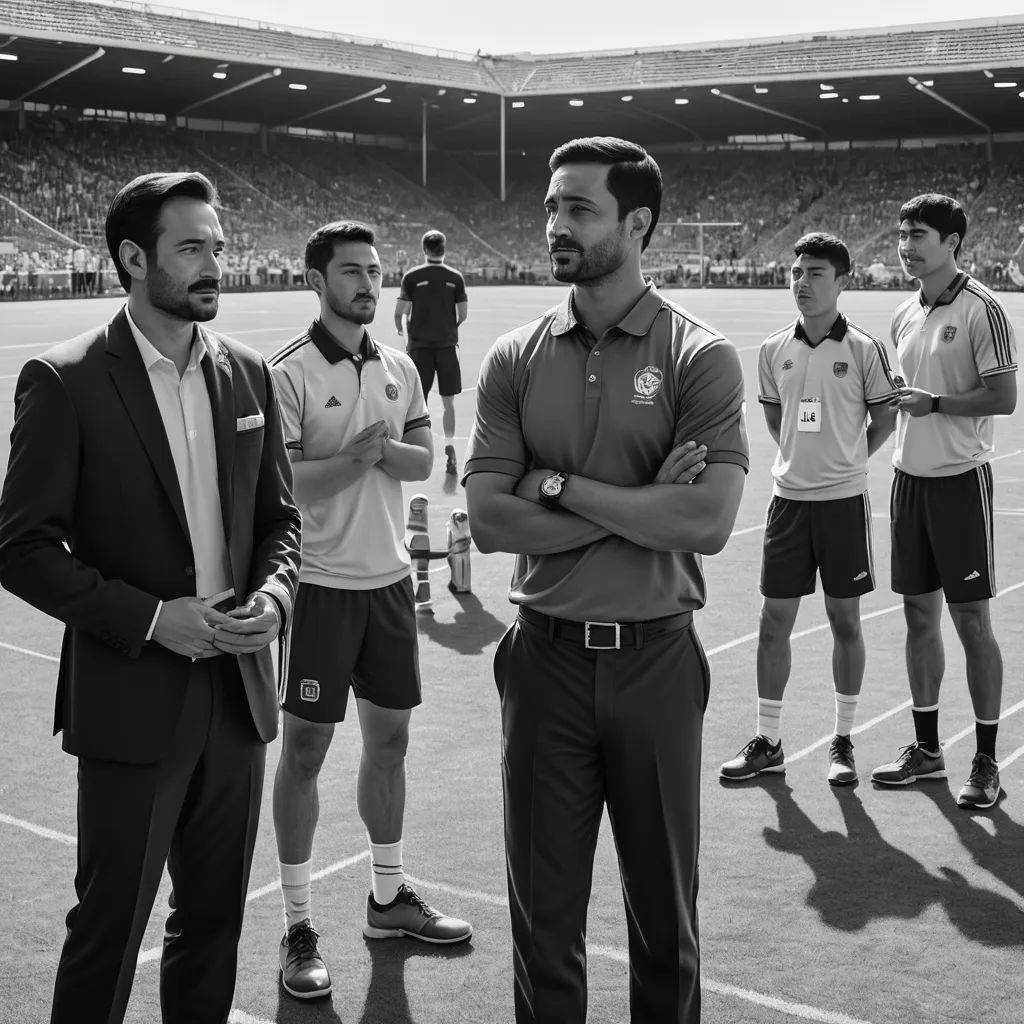 a group of men standing on top of a tennis court next to each other on a court covered in people, antipodeans, a black and white photo, Farid Mansour, promotional image