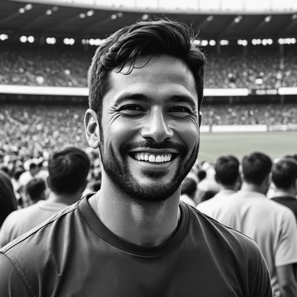 a man smiling in front of a crowd of people at a soccer game in black and white photo with a stadium in the background, samikshavad, a black and white photo, Adam Willaerts, jayison devadas