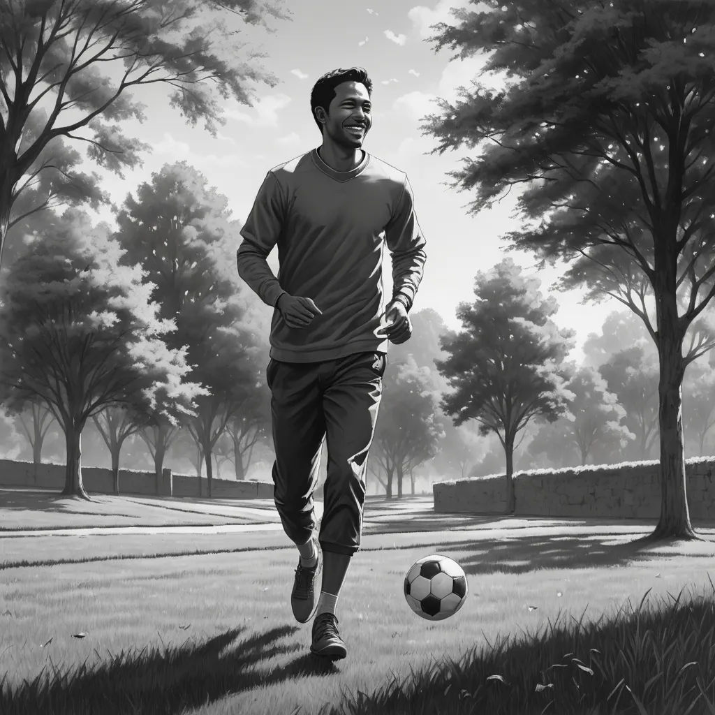a man is running with a soccer ball in the grass near trees and a stone wall in the background, american scene painting, an ultrafine detailed painting, Fabien Charuau, storybook illustration