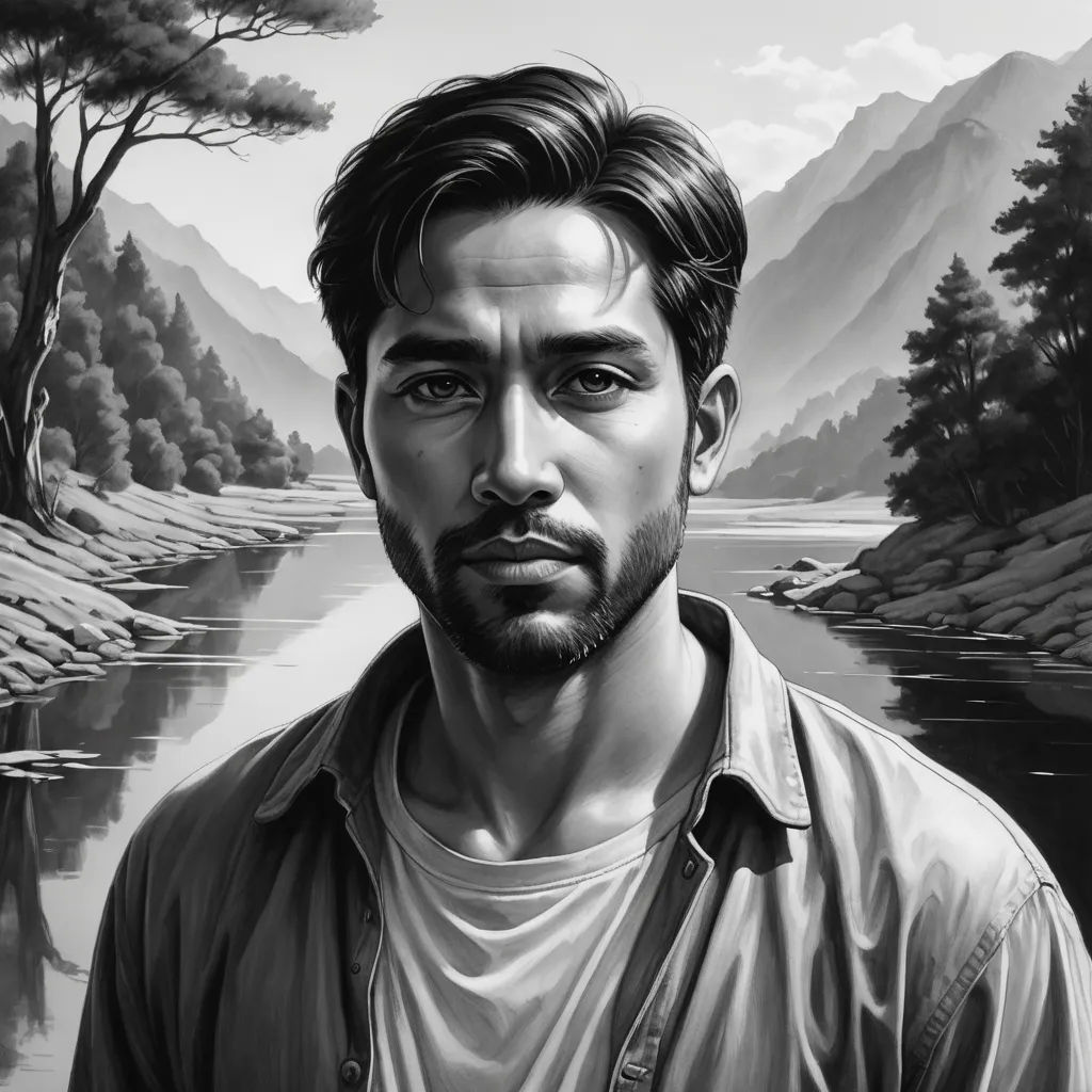 a man with a beard and a shirt on is in front of a painting of a river and mountains, serial art, a character portrait, David Palumbo, character portrait