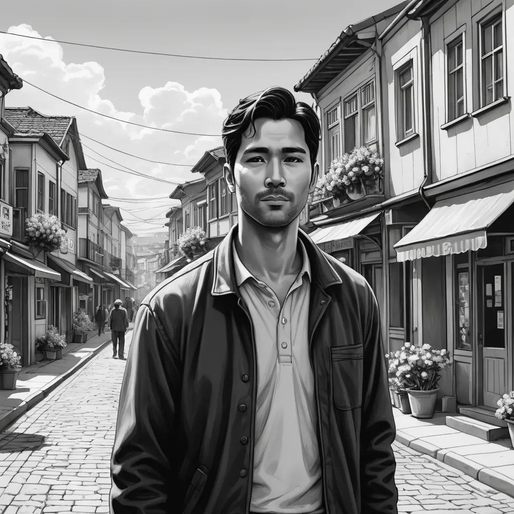 a man standing in front of a street with a building in the background and a sky background with clouds, modern european ink painting, a comic book panel, Du Jin, graphic novel