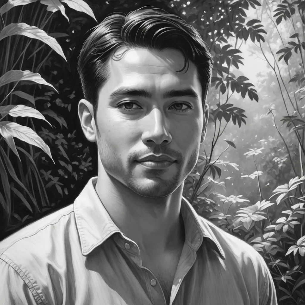 a man in a shirt is standing in front of a jungle background with plants and trees in black and white, photorealism, a character portrait, Aaron Jasinski, photorealistic portrait