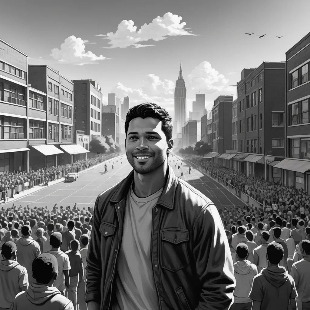 a man standing in front of a crowd of people in a city with a sky background and a black and white photo, harlem renaissance, a comic book panel, Altichiero, graphic novel