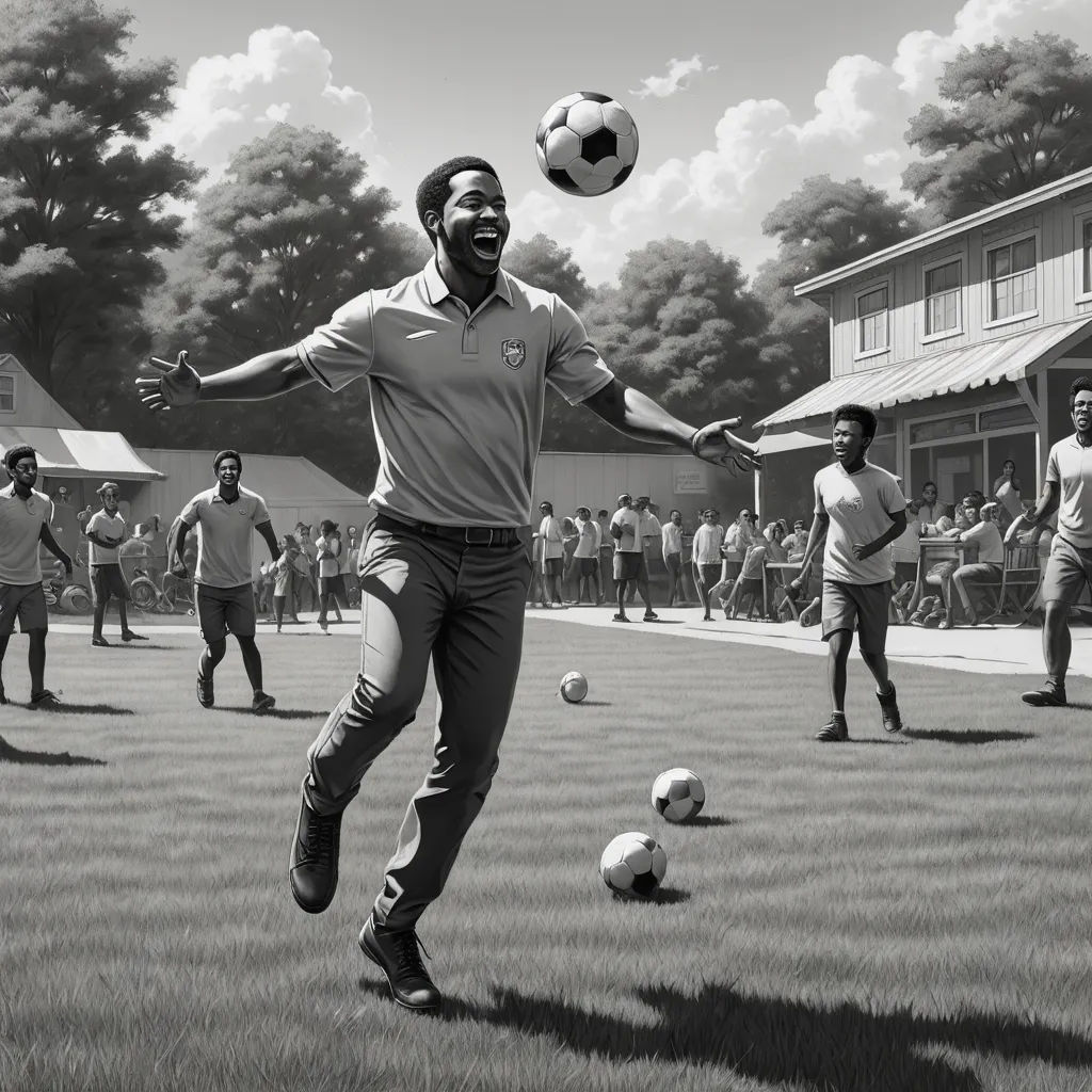a man is playing soccer with a group of people in the background in a black and white photo with a soccer ball, american realism, a black and white photo, Chris LaBrooy, official art