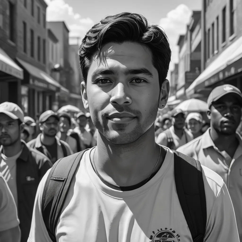 a man standing in front of a group of people in a city street with buildings in the background and a man with a backpack on his back, harlem renaissance, a black and white photo, Estuardo Maldonado, jayison devadas