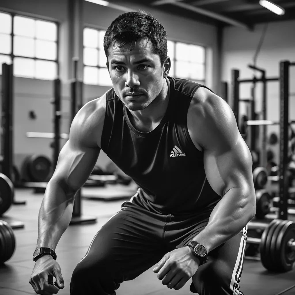 a man squatting down in a gym with a barbell in his hand and a barbell in his other hand, assemblage, a black and white photo, Fabien Charuau, promotional image