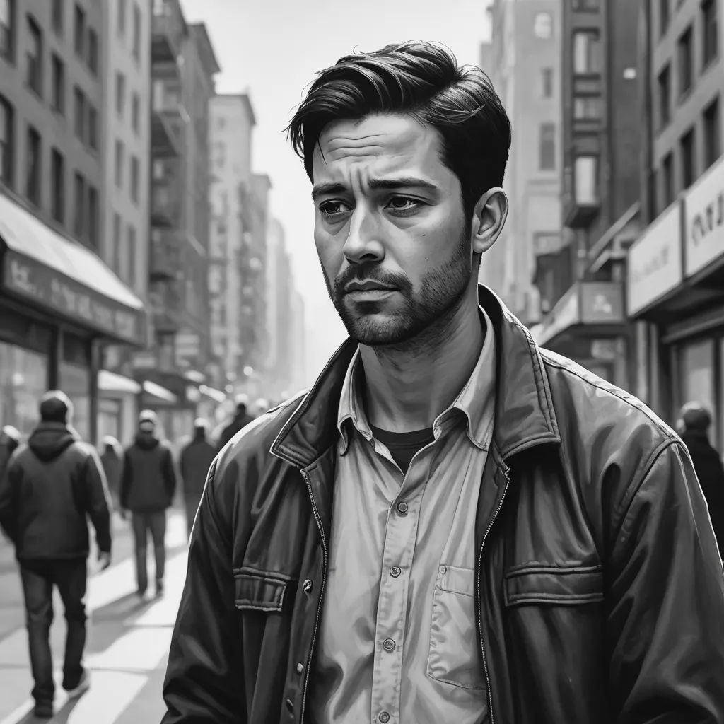 a man standing on a street corner in a black and white photo with a man in the background looking at the camera, photorealism, a photorealistic painting, Aaron Jasinski, highly detailed digital painting
