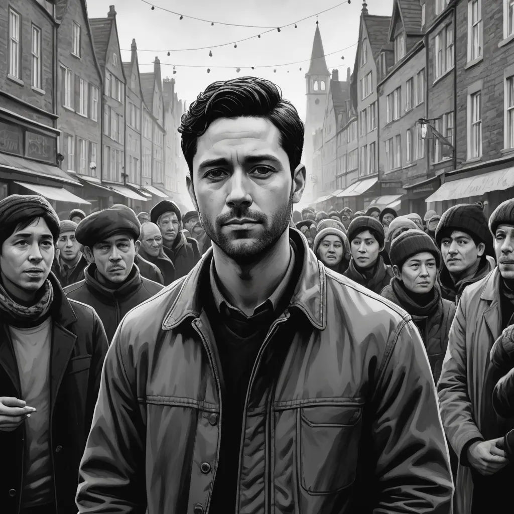 a man standing in front of a crowd of people in a city street with a black and white photo, modern european ink painting, an ultrafine detailed painting, Colin Middleton, highly detailed digital painting