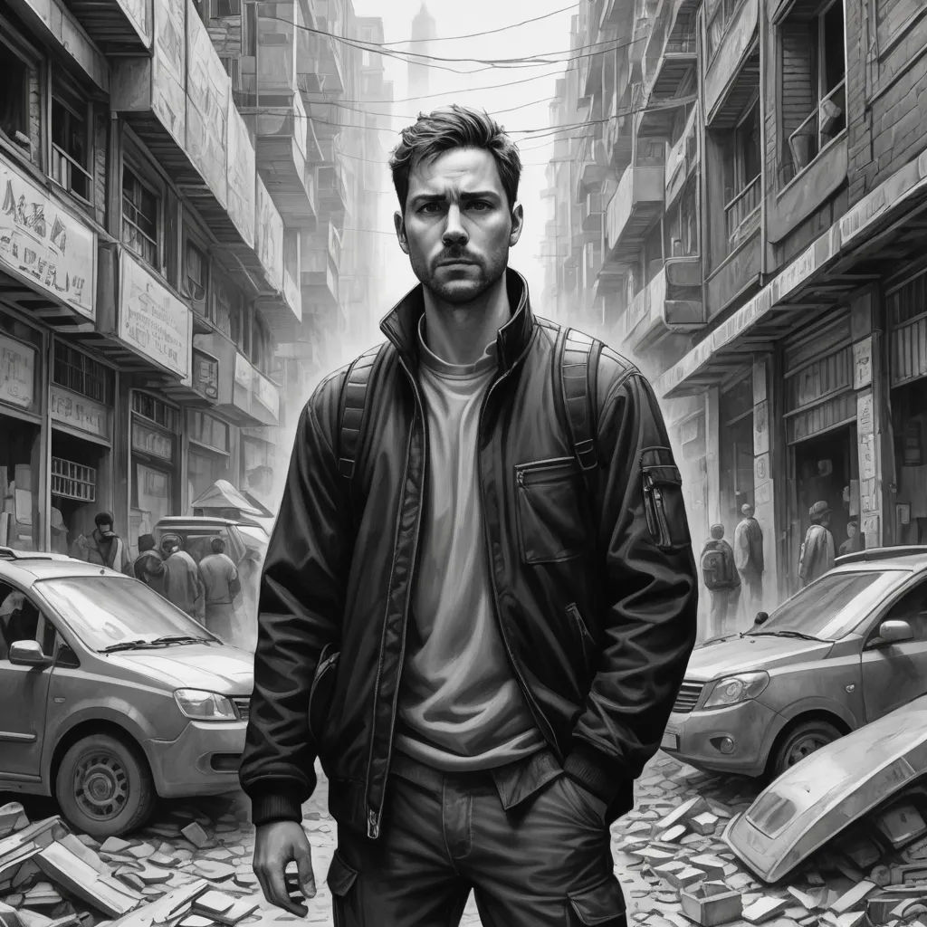 a man standing in a street with a car in the background and a building in the background with a broken window, digital art, poster art, Dan Mumford, dystopian art