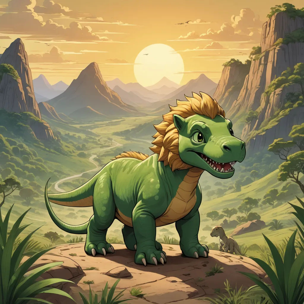 a cartoon dinosaur standing on a rock in a mountain landscape with a sun in the background and a mountain range in the foreground, sots art, concept art, Chris LaBrooy, rossdraws global illumination