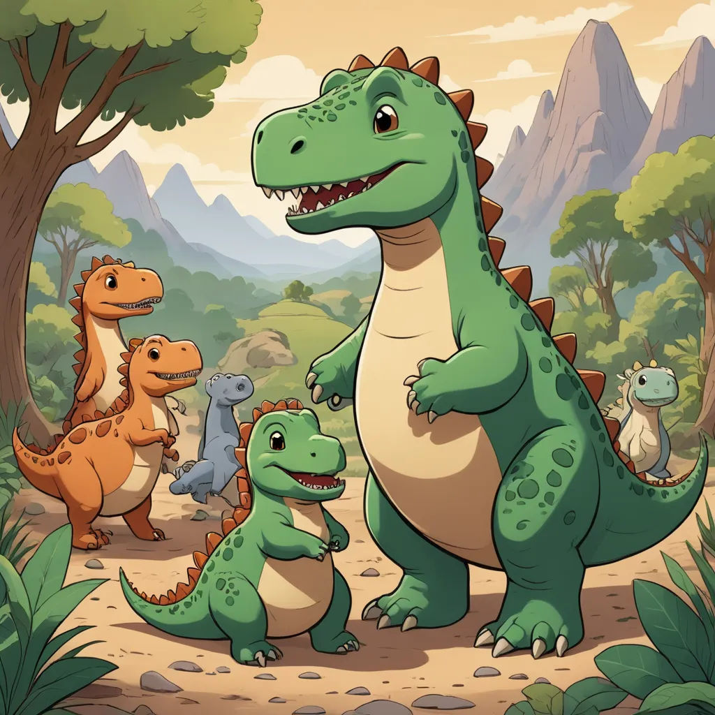 a group of dinosaurs in a forest with mountains in the background and trees in the foreground, with a mountain in the background, sots art, a storybook illustration, Adam Rex, game art