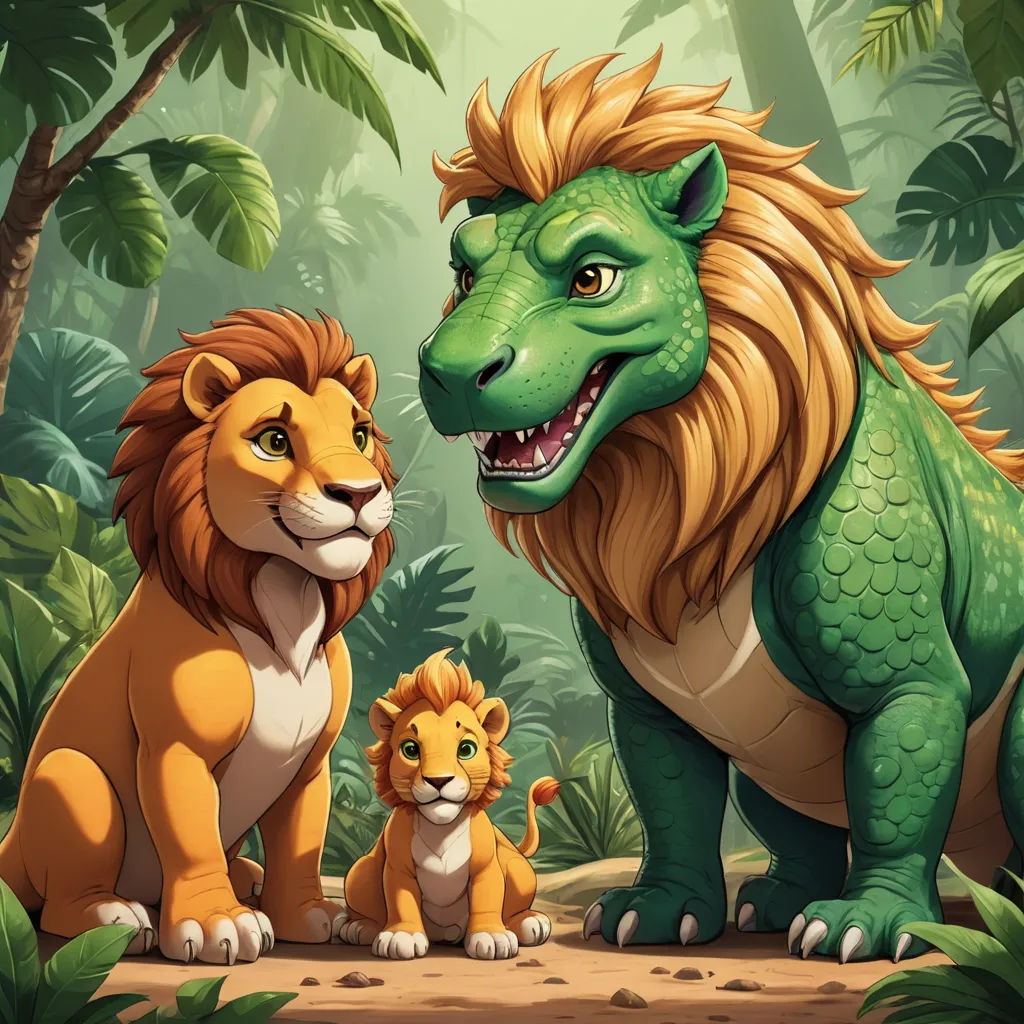 a lion and two lions in a jungle with trees and bushes behind them, and a green dragon with a large mane, sots art, concept art, Chris LaBrooy, trending on art station