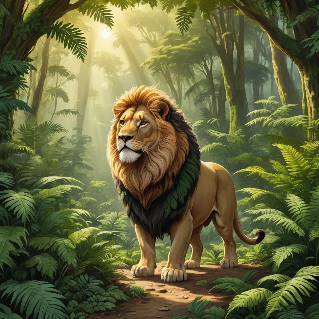 a lion standing in the middle of a jungle with trees and plants around it and a sunbeam in the background, fantasy art, a detailed matte painting, Chris LaBrooy, jungle
