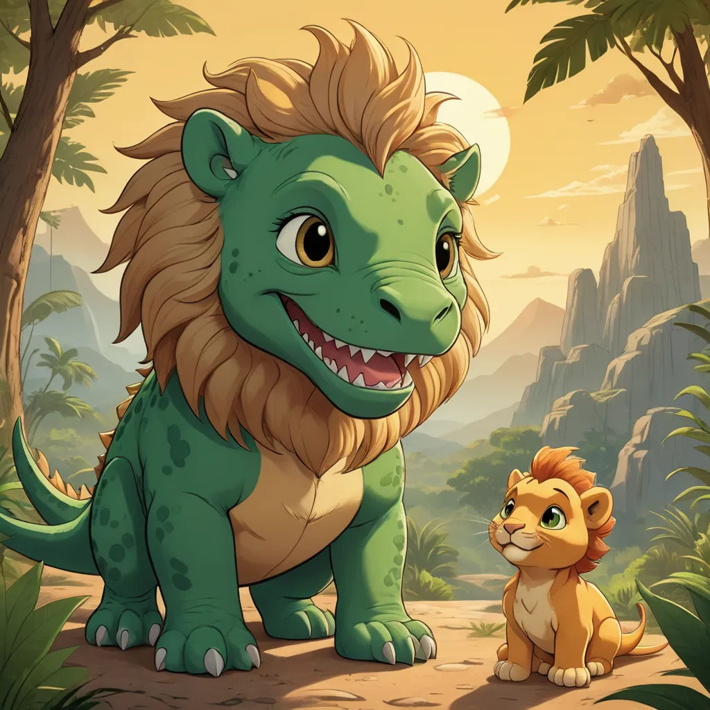 a cartoon of a lion and a green dragon in a jungle setting with a full moon in the background, sots art, concept art, Abidin Dino, key art